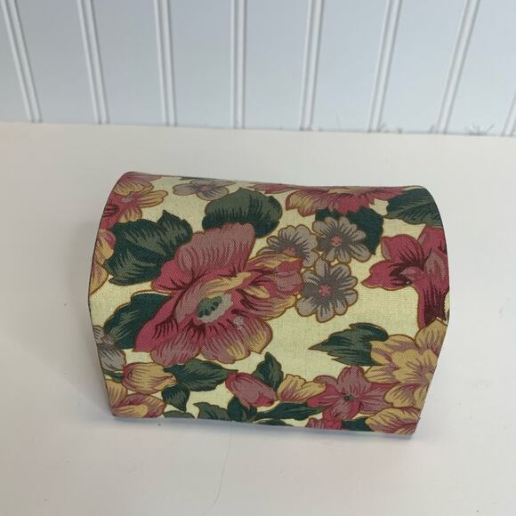 Fabric Covered Floral Jewelry Box Trinket Lidded Pink Green Cream - Picture 1 of 4
